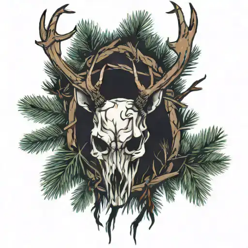a deer skull with pine trees down his horns tattoo design idea