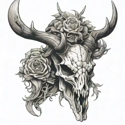 a deer skull front with very large horns tattoo design idea