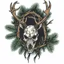 a deer skull with pine trees down his horns tattoo design idea
