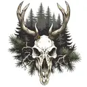 a deer skull with pine trees down his horns tattoo design idea