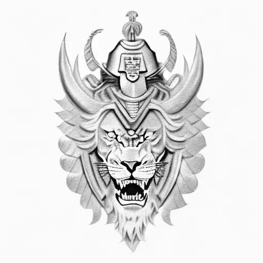 A marine corps emblem featuring a fierce lion and an eagle, with a Spartan helmet integrated into the design tattoo design idea