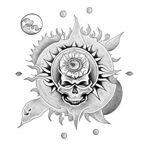 skull with the sun and moon, sunflowers tattoo design idea