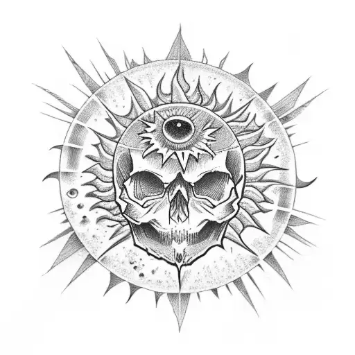 skull with the sun and moon, sunflowers tattoo design idea