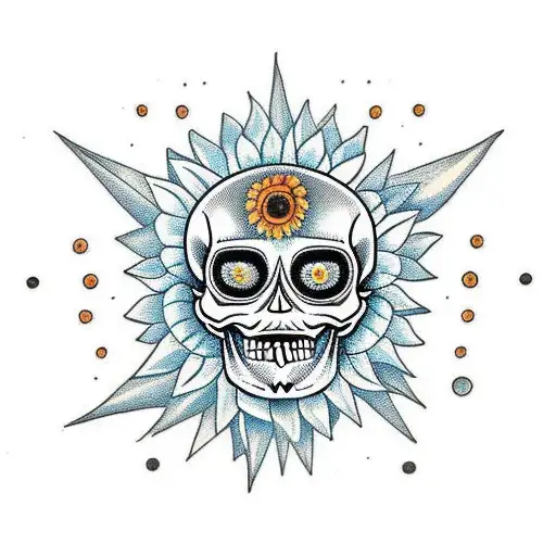 skull with sunflowers and roses with the sun and moon and stars in the background  tattoo design idea
