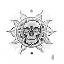 skull with the sun and moon, sunflowers tattoo design idea
