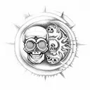 skull with the sun and moon, sunflowers tattoo design idea