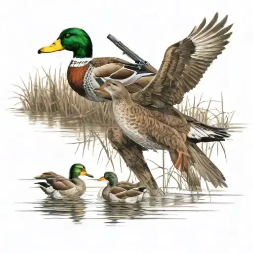 A traditional duck hunting scene with decoys and a shotgun tattoo design idea