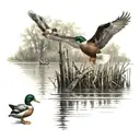 A traditional duck hunting scene with decoys and a shotgun tattoo design idea
