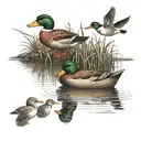A traditional duck hunting scene with decoys and a shotgun tattoo design idea