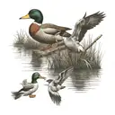 A traditional duck hunting scene with decoys and a shotgun tattoo design idea