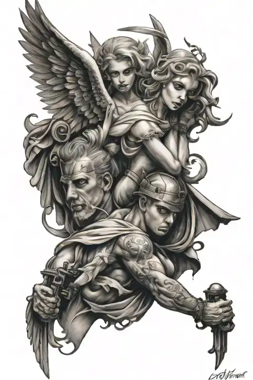 angel and gangster tattoo design idea