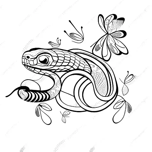 snake with butterflies strewn with flowers tattoo design idea