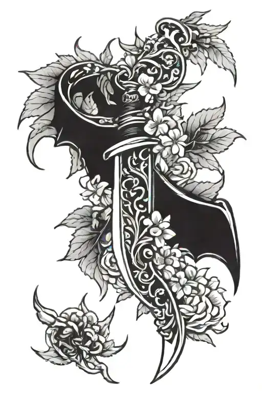 Knife with ox and dragon wings around it and some leaf and flowers tattoo design idea