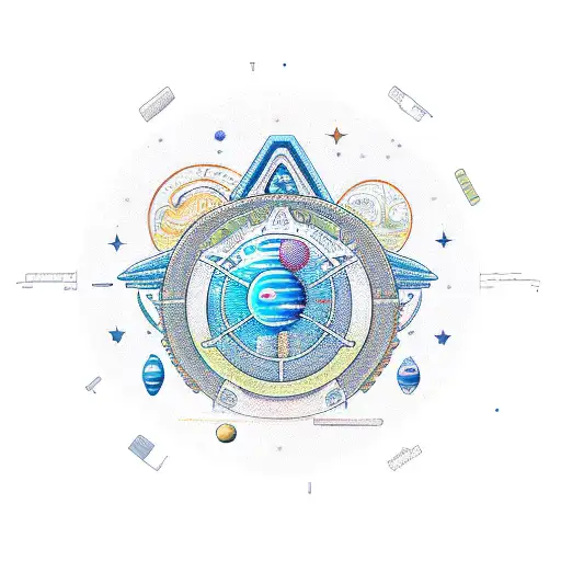 An intricately designed furniture piece with celestial bodies and ADHD symbols incorporated tattoo design idea