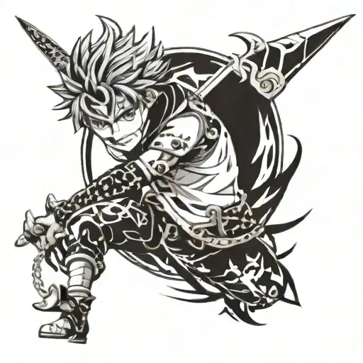 Design a tattoo featuring Asta from Black Clover. Depict Asta wielding his signature anti-magic swords, the Demon-Dwelle tattoo design idea