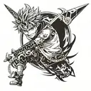 Design a tattoo featuring Asta from Black Clover. Depict Asta wielding his signature anti-magic swords, the Demon-Dwelle tattoo design idea
