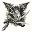 Design a tattoo featuring Asta from Black Clover. Depict Asta wielding his signature anti-magic swords, the Demon-Dwelle tattoo design idea