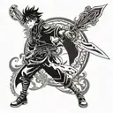 Design a tattoo featuring Asta from Black Clover. Depict Asta wielding his signature anti-magic swords, the Demon-Dwelle tattoo design idea