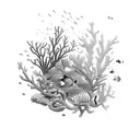 A whimsical underwater scene with colorful coral reefs and exotic sea creatures tattoo design idea