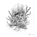 A whimsical underwater scene with colorful coral reefs and exotic sea creatures tattoo design idea