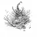 A whimsical underwater scene with colorful coral reefs and exotic sea creatures tattoo design idea