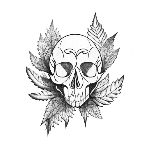 crow skull with some leaves and sticks tattoo design idea