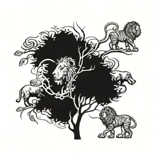 acacia tree with 5 lions in and around tattoo design idea