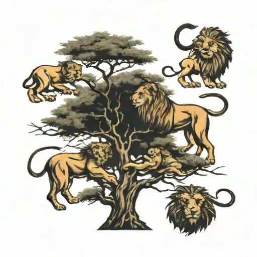 acacia tree with 5 lions in and around tattoo design idea