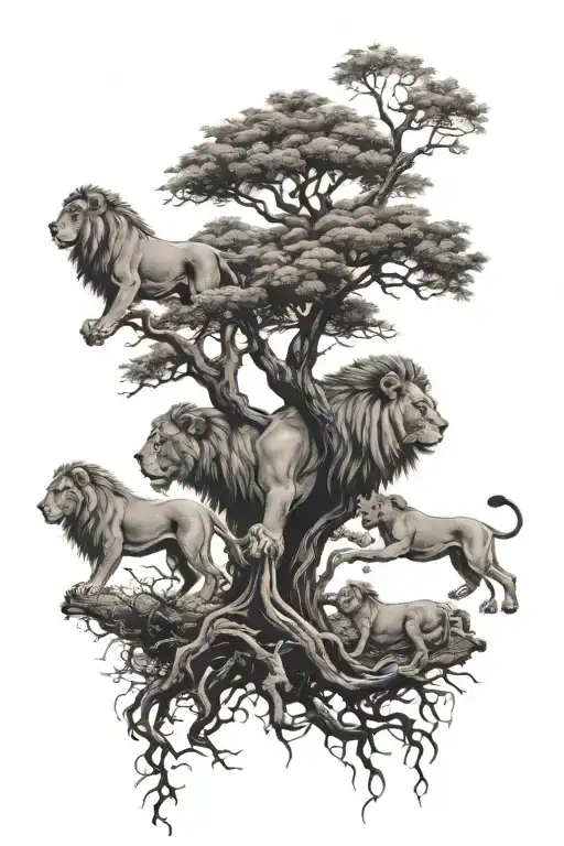 acacia tree with 5 lions in and around tattoo design idea
