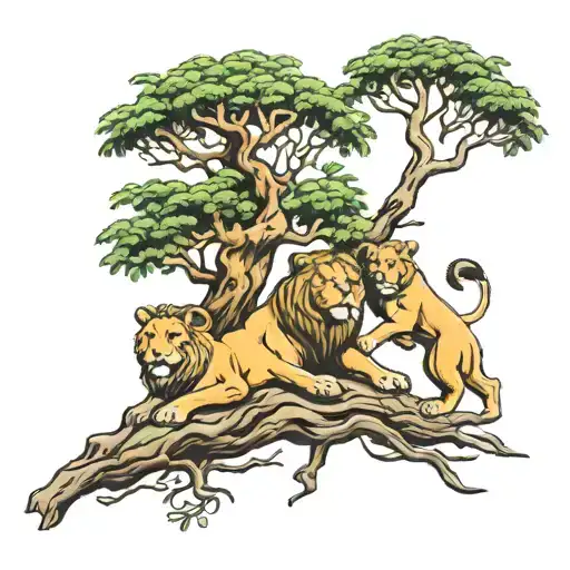 acacia tree 5 lions in and around the tree  tattoo design idea