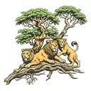 acacia tree 5 lions in and around the tree  tattoo design idea