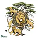 acacia tree 5 lions in and around the tree  tattoo design idea