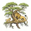 acacia tree 5 lions in and around the tree  tattoo design idea
