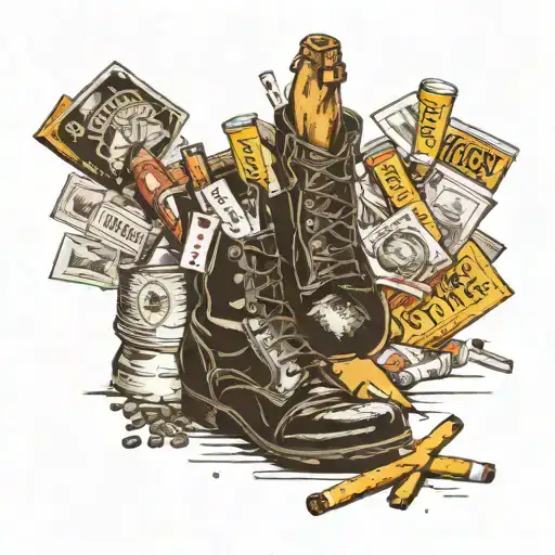 Black heeled leather boot surrounded by a packet of cigarettes, a pint of Guinness and a half eaten chicken drumstick tattoo design idea