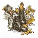Black heeled leather boot surrounded by a packet of cigarettes, a pint of Guinness and a half eaten chicken drumstick tattoo design idea