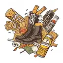 Black heeled leather boot surrounded by a packet of cigarettes, a pint of Guinness and a half eaten chicken drumstick tattoo design idea