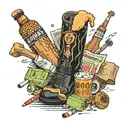 Black heeled leather boot surrounded by a packet of cigarettes, a pint of Guinness and a half eaten chicken drumstick tattoo design idea