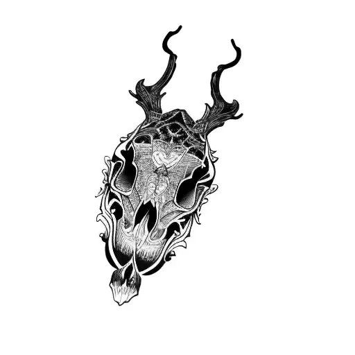 a deer skull, a moon, a moth tattoo design idea