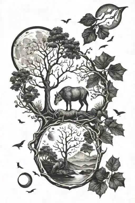 Oak lunar cycle forest animals tattoo design idea