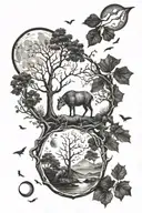 Oak lunar cycle forest animals tattoo design idea