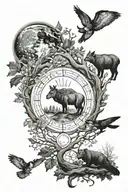 Oak lunar cycle forest animals tattoo design idea