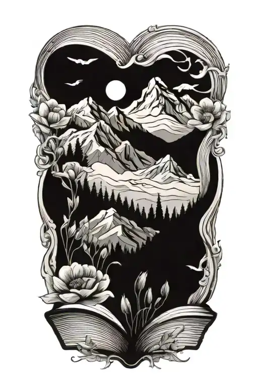 A mystical scene of a mountain range with poppies blooming at the base, surrounded by swirling book pages, symbolizing the love for reading and nature tattoo design idea