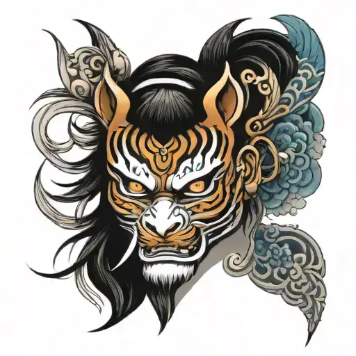 feminine Thai tiger and oni mask tattoo design idea