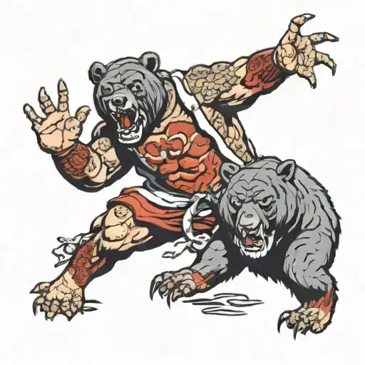 an mma fighter is fighting a bear in hell tattoo design idea
