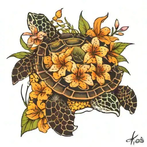 sea turtle with tiger lily flowers for the shell  tattoo design idea