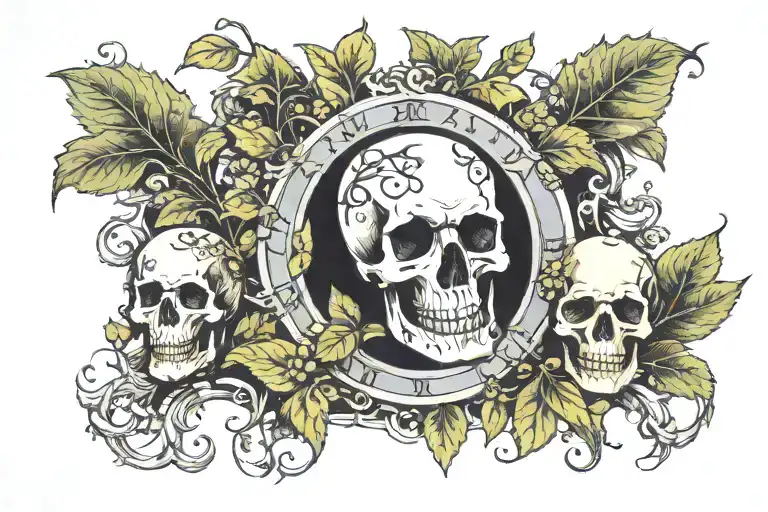 roman numerals with 3 pillars and poison ivy with a skull on the hand tattoo design idea