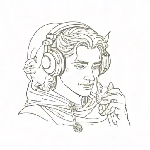A historical figure from LOTR holding a cat and wearing headphones tattoo design idea