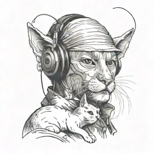 A historical figure from LOTR holding a cat and wearing headphones tattoo design idea