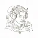 A historical figure from LOTR holding a cat and wearing headphones tattoo design idea
