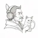 A historical figure from LOTR holding a cat and wearing headphones tattoo design idea